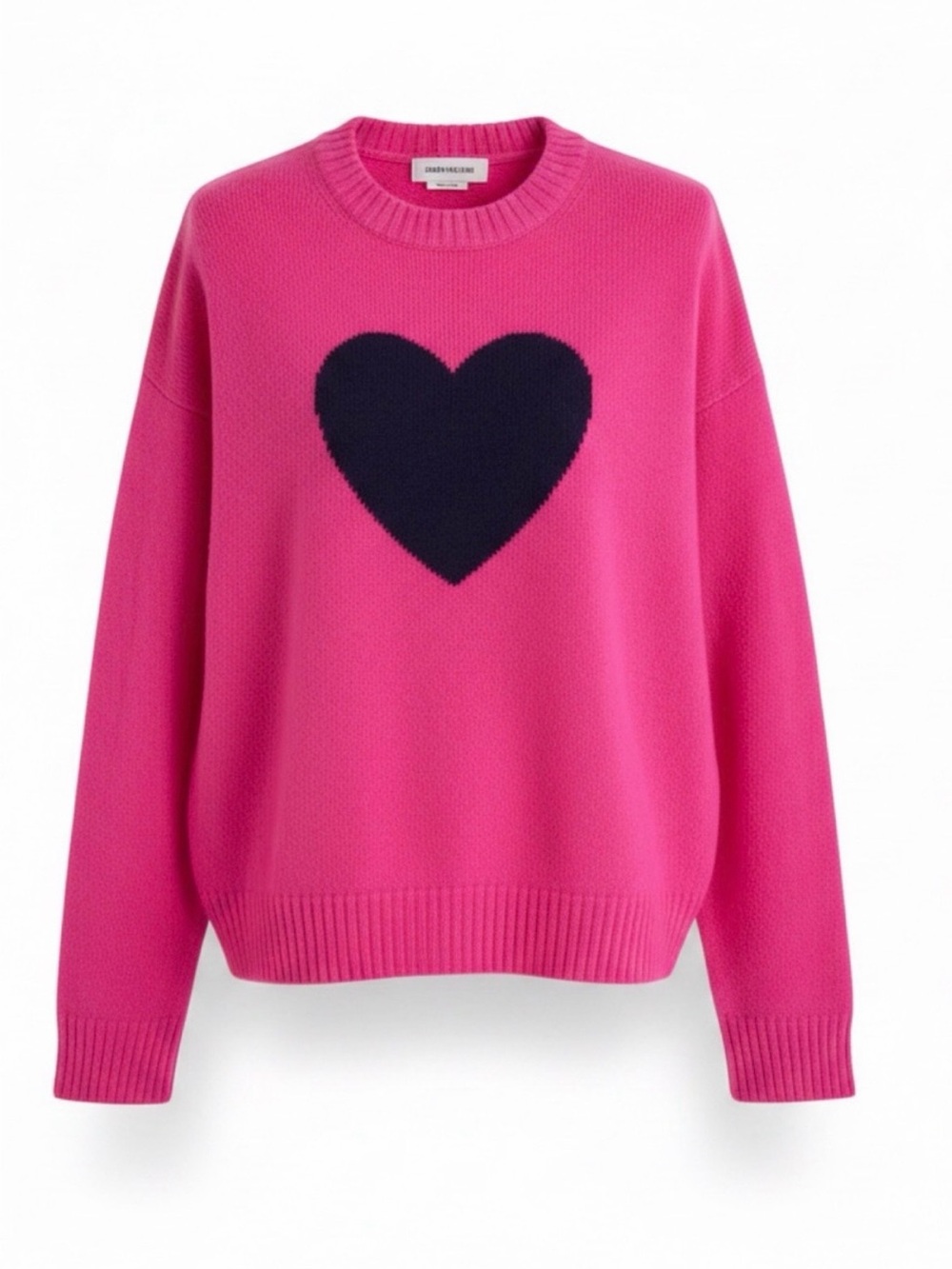 NWT Zadig & Voltaire Hot Pink Cashmere Crewneck with Navy Heart
